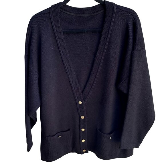 College Point Vintage Black Knit Gold Button Pockets Oversized Cardigan Sweater - Picture 1 of 7